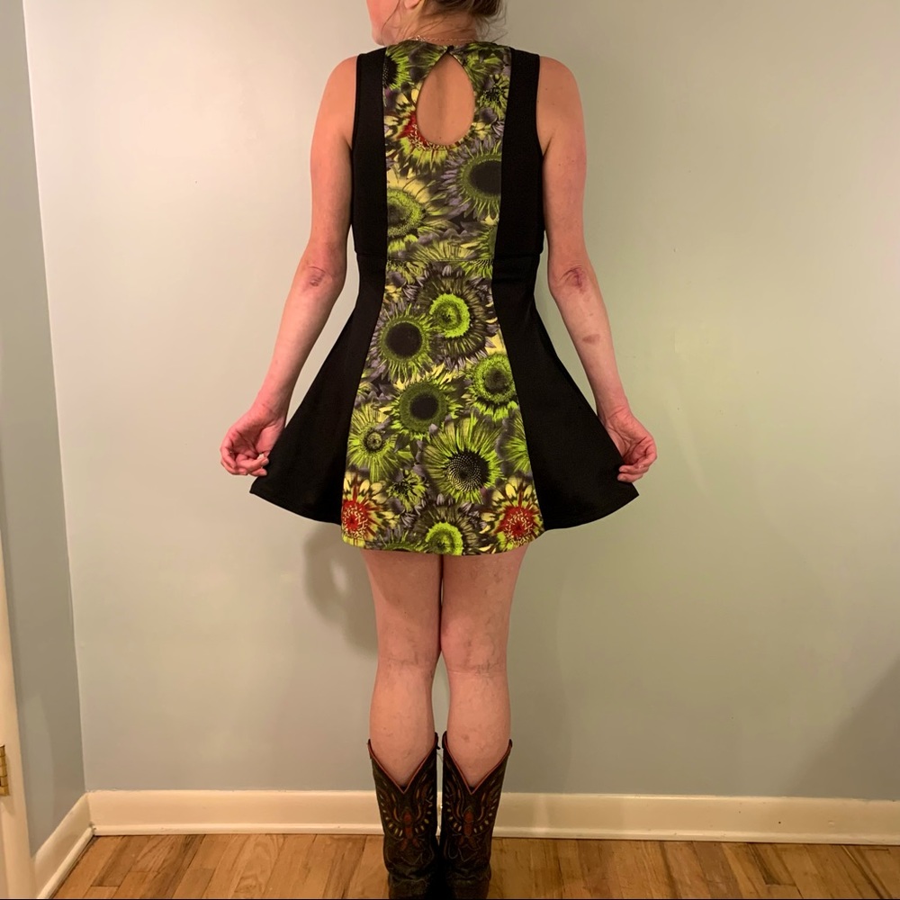 xhilaration black neon sunflower print fit & flare dress w/ keyhole button back